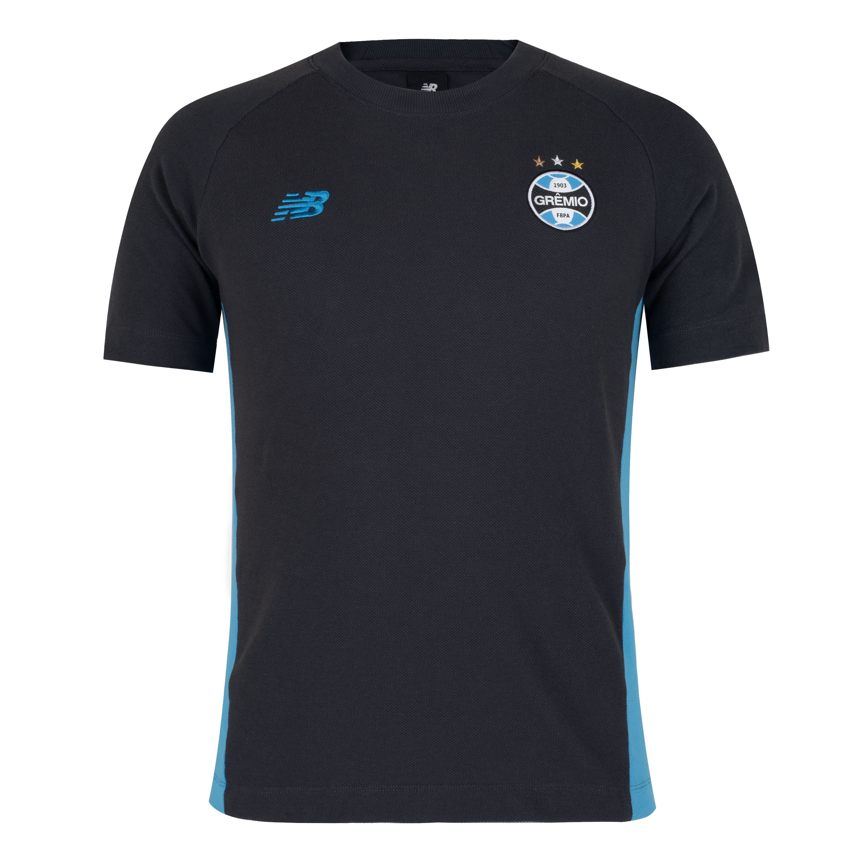 Camiseta masculina New Balance na cor grafite com detalhes esportivos e gola redonda